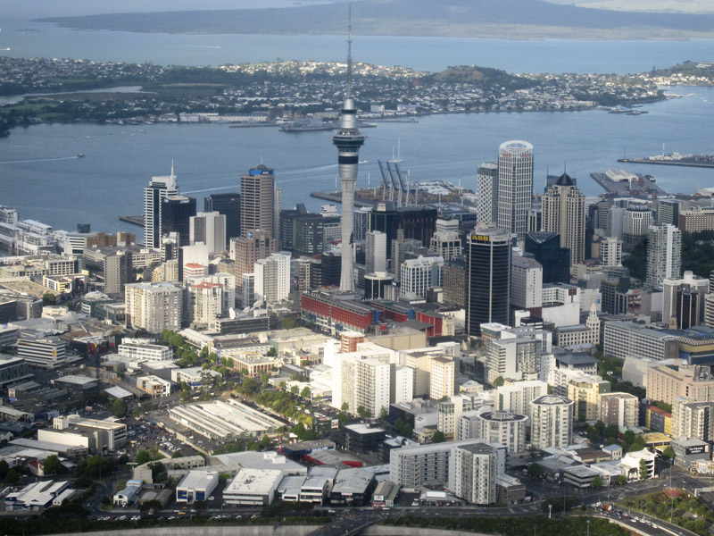 109.Auckland City Center & SkyTower with North Head peninsula behind, looking NE